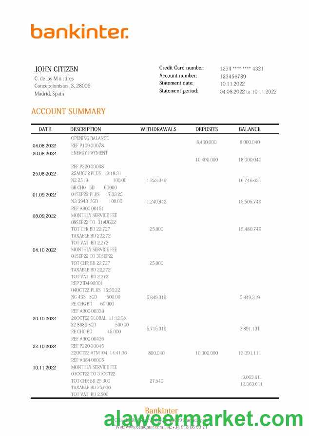 Spain Bankinter bank statement